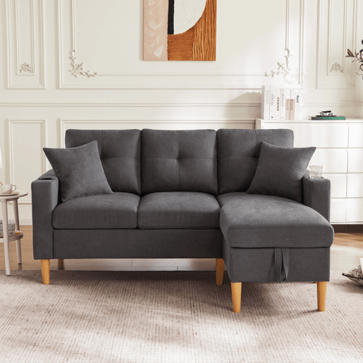 Sofá moderno em L de 3 lugares com chaise longue - arrumação, porta-copos, 2 almofadas - cinzento