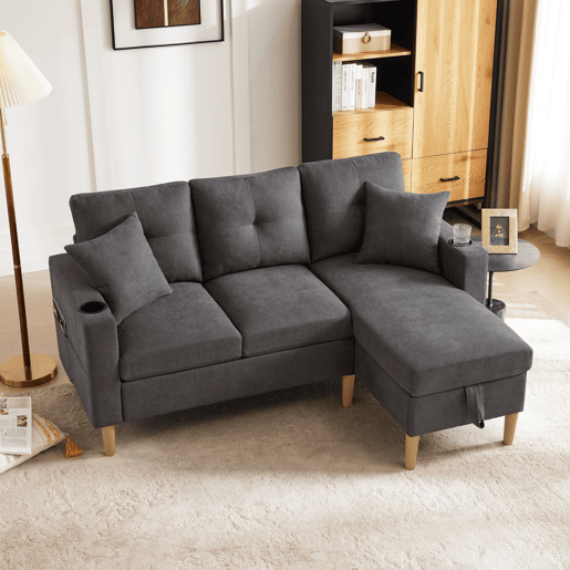 Sofá moderno em L de 3 lugares com chaise longue - arrumação, porta-copos, 2 almofadas - cinzento