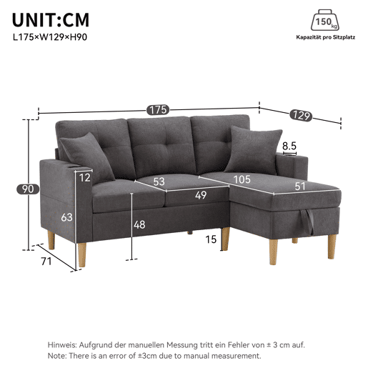 Sofá moderno em L de 3 lugares com chaise longue - arrumação, porta-copos, 2 almofadas - cinzento