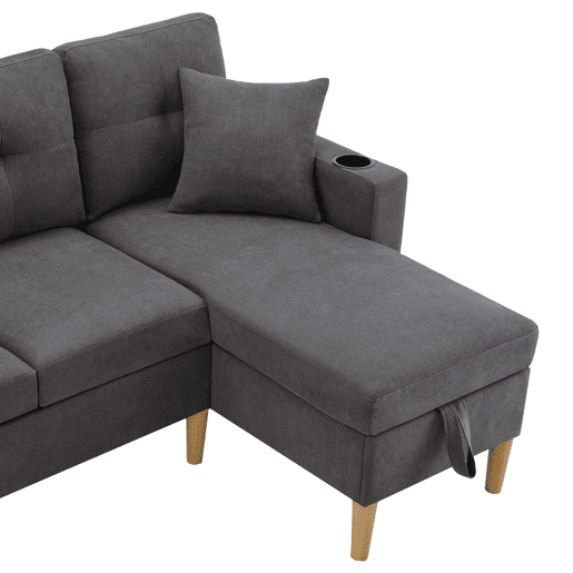 Sofá moderno em L de 3 lugares com chaise longue - arrumação, porta-copos, 2 almofadas - cinzento