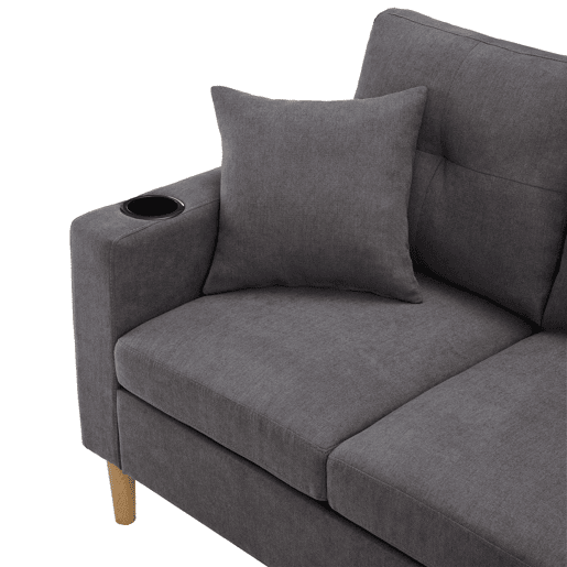 Sofá moderno em L de 3 lugares com chaise longue - arrumação, porta-copos, 2 almofadas - cinzento