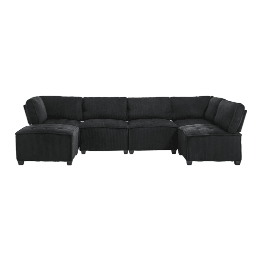 Sofá modular 308 cm - 6 lugares, veludo cotelê, ergonómico, com bolsos de arrumação, convertível em forma de UL ou sofá-cama, estrutura em madeira e metal, fácil montagem - Preto