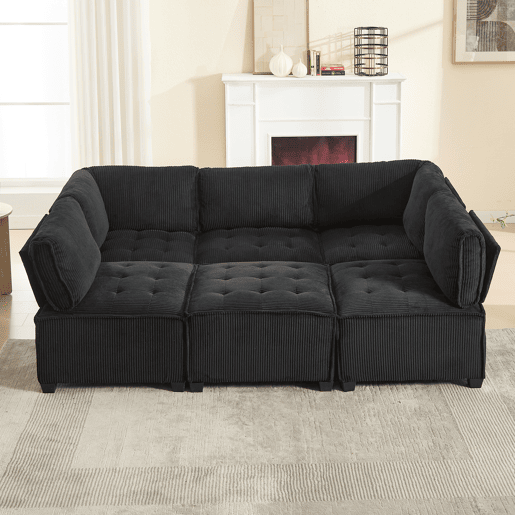 Sofá modular 308 cm - 6 lugares, veludo cotelê, ergonómico, com bolsos de arrumação, convertível em forma de UL ou sofá-cama, estrutura em madeira e metal, fácil montagem - Preto