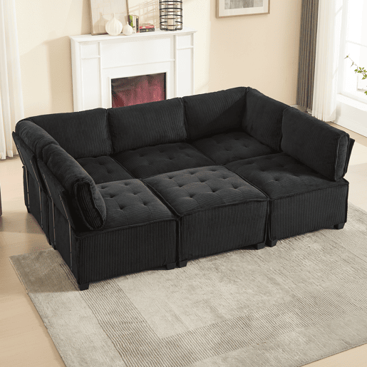 Sofá modular 308 cm - 6 lugares, veludo cotelê, ergonómico, com bolsos de arrumação, convertível em forma de UL ou sofá-cama, estrutura em madeira e metal, fácil montagem - Preto