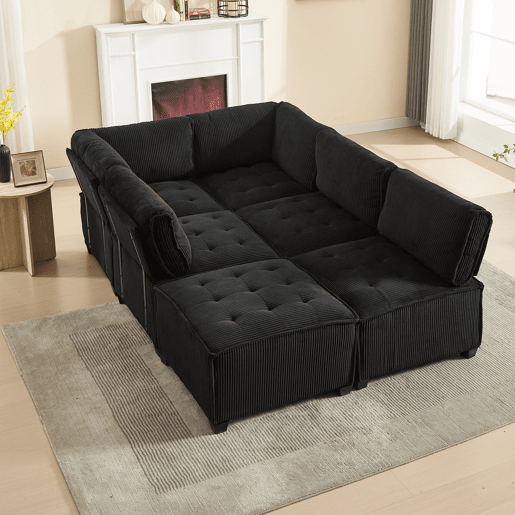 Sofá modular 308 cm - 6 lugares, veludo cotelê, ergonómico, com bolsos de arrumação, convertível em forma de UL ou sofá-cama, estrutura em madeira e metal, fácil montagem - Preto