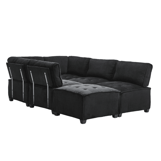 Sofá modular 308 cm - 6 lugares, veludo cotelê, ergonómico, com bolsos de arrumação, convertível em forma de UL ou sofá-cama, estrutura em madeira e metal, fácil montagem - Preto
