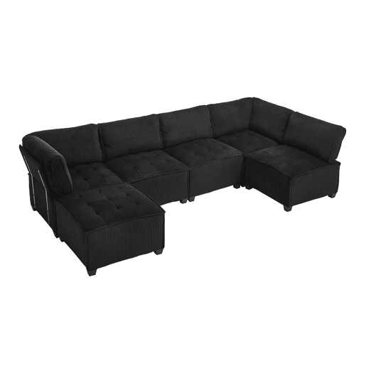 Sofá modular 308 cm - 6 lugares, veludo cotelê, ergonómico, com bolsos de arrumação, convertível em forma de UL ou sofá-cama, estrutura em madeira e metal, fácil montagem - Preto
