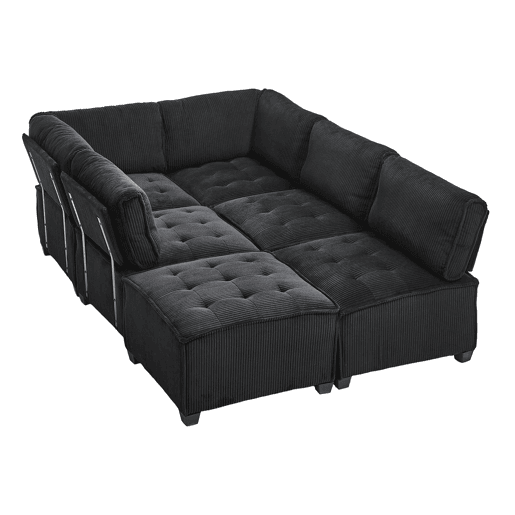 Sofá modular 308 cm - 6 lugares, veludo cotelê, ergonómico, com bolsos de arrumação, convertível em forma de UL ou sofá-cama, estrutura em madeira e metal, fácil montagem - Preto
