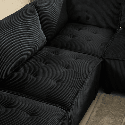 Sofá modular 308 cm - 6 lugares, veludo cotelê, ergonómico, com bolsos de arrumação, convertível em forma de UL ou sofá-cama, estrutura em madeira e metal, fácil montagem - Preto
