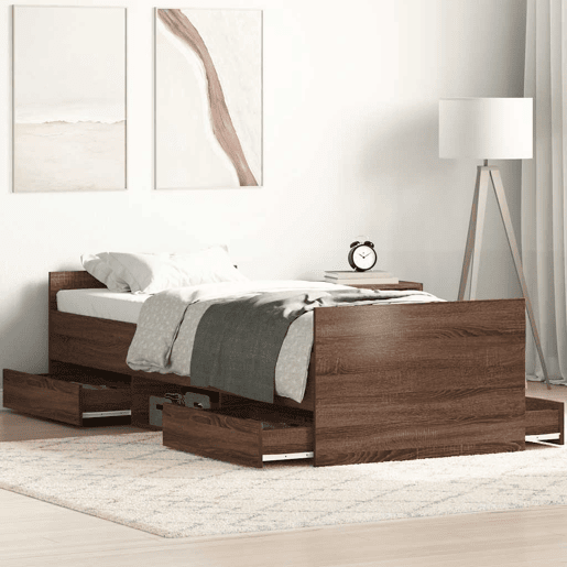 Estrutura de cama de solteiro para adultos c painéis de cabeceira e pés carvalho castanho