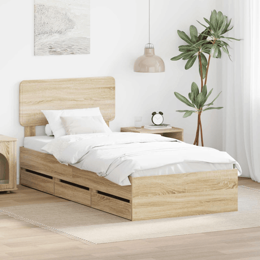 Estrutura de cama de solteiro moderno com cabeceira - Carvalho Sonoma 75 x 190 cm