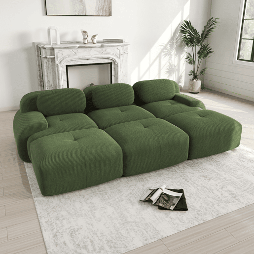Sofá modular de 3 lugares com 3 pufes - sem montagem, adequado para animais de estimação, braços ultra-rebatíveis - Verde