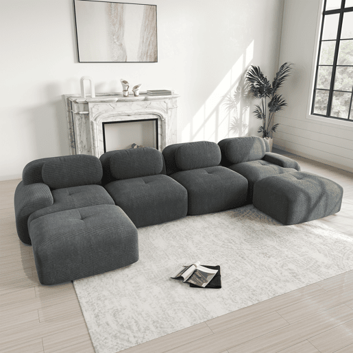 Sofá modular em U - sem montagem - Veludo cotelê respirável, espuma de alta elasticidade 32D, braços extra largos, ergonómico e adequado para animais de estimação - Cinza
