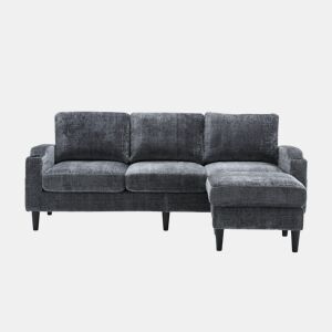 Sofá elegante de 4 lugares - com banqueta, arrumação, apoios de braços confortáveis, porta-copos, bolsos laterais, pés de plástico resistentes, estofado em veludo - Cinza