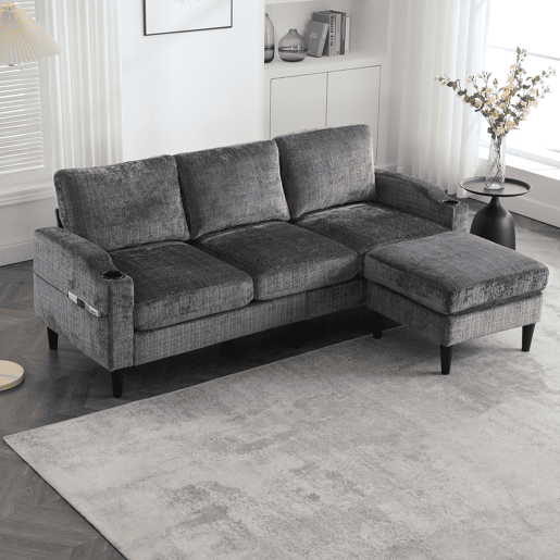 Sofá elegante de 4 lugares - com banqueta, arrumação, apoios de braços confortáveis, porta-copos, bolsos laterais, pés de plástico resistentes, estofado em veludo - Cinza