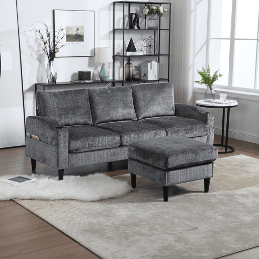 Sofá elegante de 4 lugares - com banqueta, arrumação, apoios de braços confortáveis, porta-copos, bolsos laterais, pés de plástico resistentes, estofado em veludo - Cinza