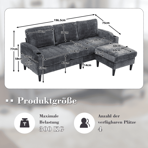 Sofá elegante de 4 lugares - com banqueta, arrumação, apoios de braços confortáveis, porta-copos, bolsos laterais, pés de plástico resistentes, estofado em veludo - Cinza