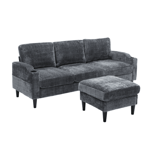 Sofá elegante de 4 lugares - com banqueta, arrumação, apoios de braços confortáveis, porta-copos, bolsos laterais, pés de plástico resistentes, estofado em veludo - Cinza