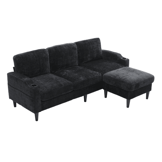 Sofá elegante de 4 lugares - Com apoio para os pés, arrumação, apoios de braços confortáveis, porta-copos, bolsos laterais e pés de plástico robustos - Preto
