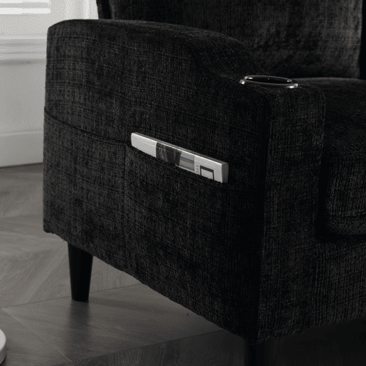 Sofá elegante de 4 lugares - Com apoio para os pés, arrumação, apoios de braços confortáveis, porta-copos, bolsos laterais e pés de plástico robustos - Preto