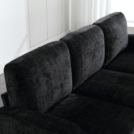 Sofá elegante de 4 lugares - Com apoio para os pés, arrumação, apoios de braços confortáveis, porta-copos, bolsos laterais e pés de plástico robustos - Preto