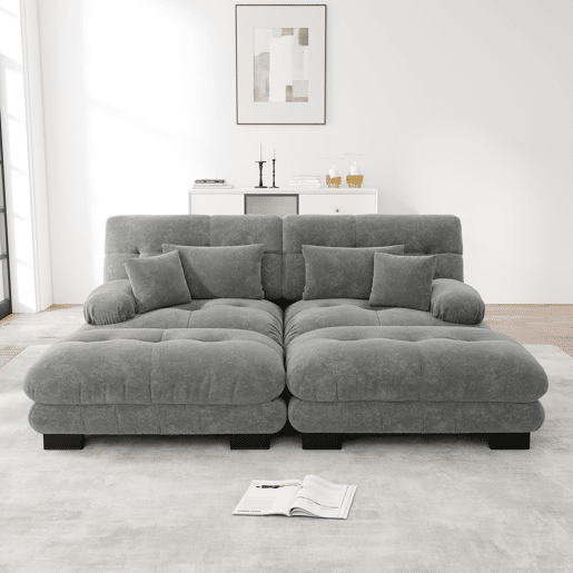 Sofá Cloud 2 lugares - Chenille com 2 almofadas lombares e 2 almofadas decorativas, com 2 pufes - Cinza