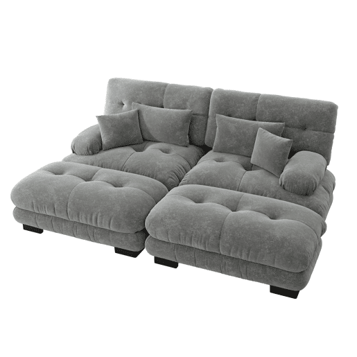 Sofá Cloud 2 lugares - Chenille com 2 almofadas lombares e 2 almofadas decorativas, com 2 pufes - Cinza