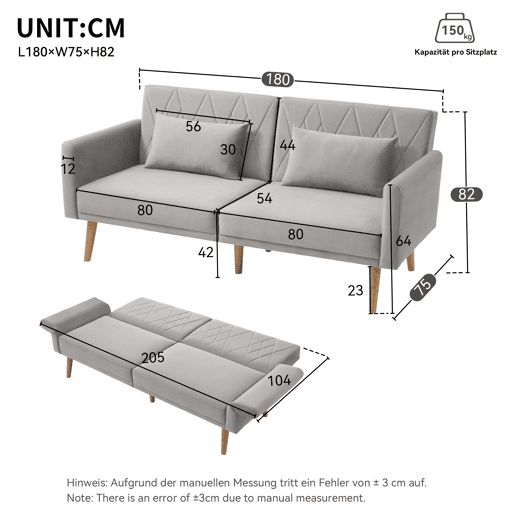 Sofá pequeno de 2 lugares - Sofá-cama com função de descanso - Cinza