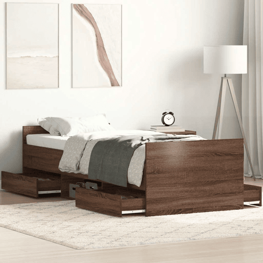 Estrutura de cama de solteiro para adultos c painéis de cabeceira e pés carvalho castanho