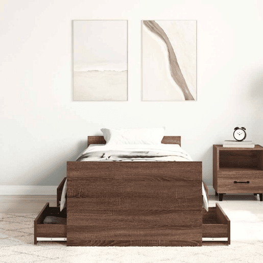 Estrutura de cama de solteiro para adultos c painéis de cabeceira e pés carvalho castanho