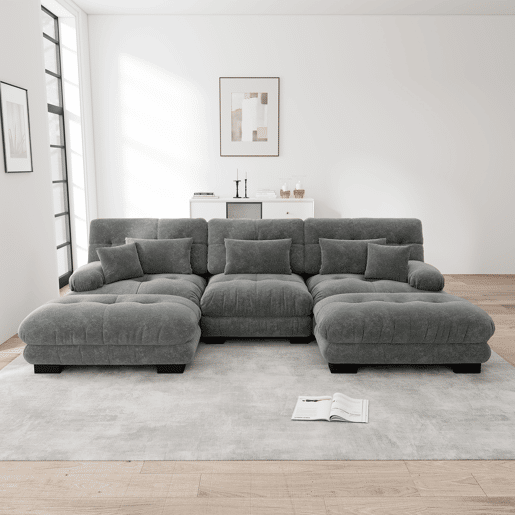 Sofá modular U 4 lugares - Sofá convertível com otomano, Chenille, Cinza Sofá modular U 4 lugares - Sofá convertível com otomano, Chenille, Cinza