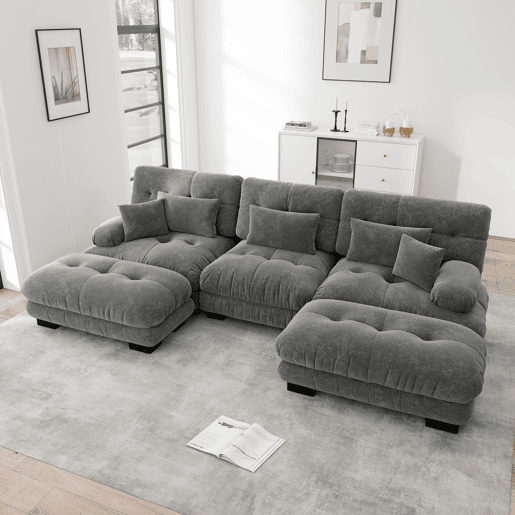 Sofá modular U 4 lugares - Sofá convertível com otomano, Chenille, Cinza Sofá modular U 4 lugares - Sofá convertível com otomano, Chenille, Cinza