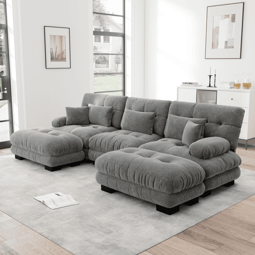 Sofá modular U 4 lugares - Sofá convertível com otomano, Chenille, Cinza Sofá modular U 4 lugares - Sofá convertível com otomano, Chenille, Cinza