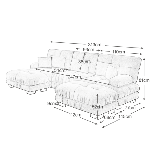 Sofá modular U 4 lugares - Sofá convertível com otomano, Chenille, Cinza Sofá modular U 4 lugares - Sofá convertível com otomano, Chenille, Cinza