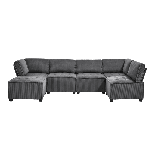 Sofá modular de 6 lugares, 308 cm - Veludo cotelê, ergonómico, com arrumação, convertível em ULsofá-cama, estrutura em madeira e metal, fácil montagem - Cinza
