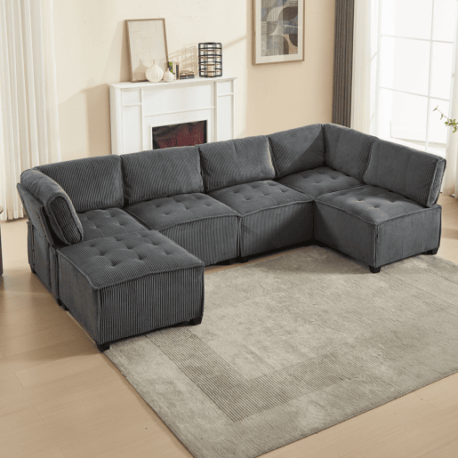 Sofá modular de 6 lugares, 308 cm - Veludo cotelê, ergonómico, com arrumação, convertível em ULsofá-cama, estrutura em madeira e metal, fácil montagem - Cinza