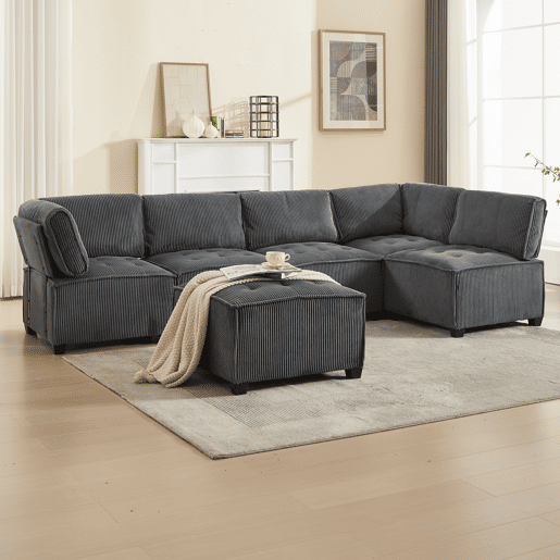 Sofá modular de 6 lugares, 308 cm - Veludo cotelê, ergonómico, com arrumação, convertível em ULsofá-cama, estrutura em madeira e metal, fácil montagem - Cinza
