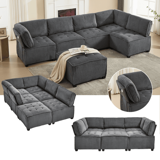 Sofá modular de 6 lugares, 308 cm - Veludo cotelê, ergonómico, com arrumação, convertível em ULsofá-cama, estrutura em madeira e metal, fácil montagem - Cinza
