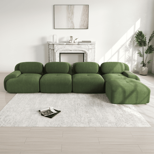 Sofá de canto para 4 pessoas - Com estofamento 32D de alta elasticidade, antiderrapante, com chaise longue, braços extra largos, combinável sem montagem - Verde
