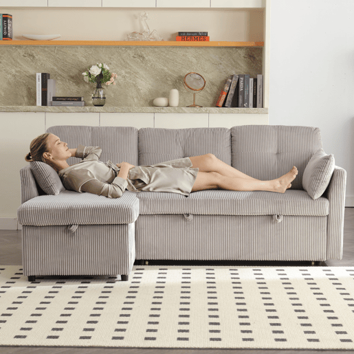 Sofá-cama multifuncional de 3 lugares - Sofá seccional com arrumação e cama extraível - Cinza claro