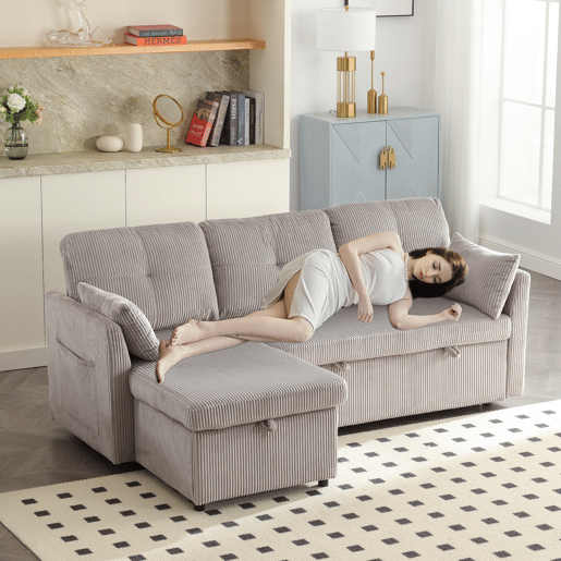 Sofá-cama multifuncional de 3 lugares - Sofá seccional com arrumação e cama extraível - Cinza claro
