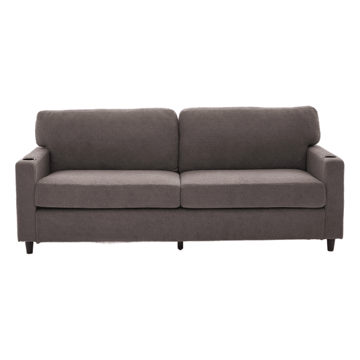 Sofá Chenille 2 lugares - USB-C, LED ambiente, porta-copos, bolsos - Cinza claro
