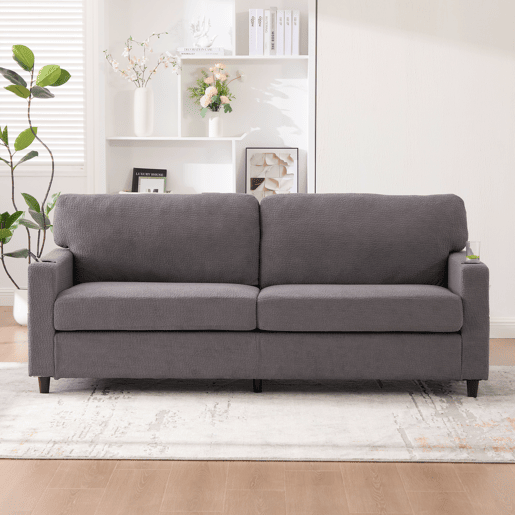 Sofá Chenille 2 lugares - USB-C, LED ambiente, porta-copos, bolsos - Cinza claro
