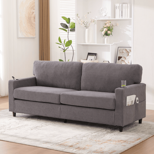 Sofá Chenille 2 lugares - USB-C, LED ambiente, porta-copos, bolsos - Cinza claro
