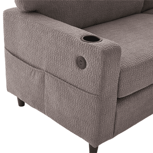 Sofá Chenille 2 lugares - USB-C, LED ambiente, porta-copos, bolsos - Cinza claro