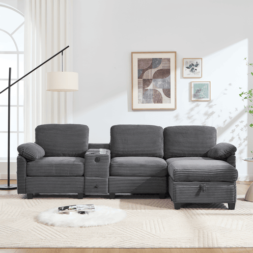 Sofá Cord 3 lugares - Conforto em espuma, consola central removível, USB-C, cinza escuro
