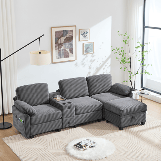 Sofá Cord 3 lugares - Conforto em espuma, consola central removível, USB-C, cinza escuro