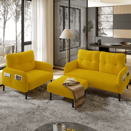 Sofá de 2 lugares - com estofamento confortável, encosto alto e bolsos laterais - Amarelo Sofá de 2 lugares - com estofamento confortável, encosto alto e bolsos laterais - Amarelo