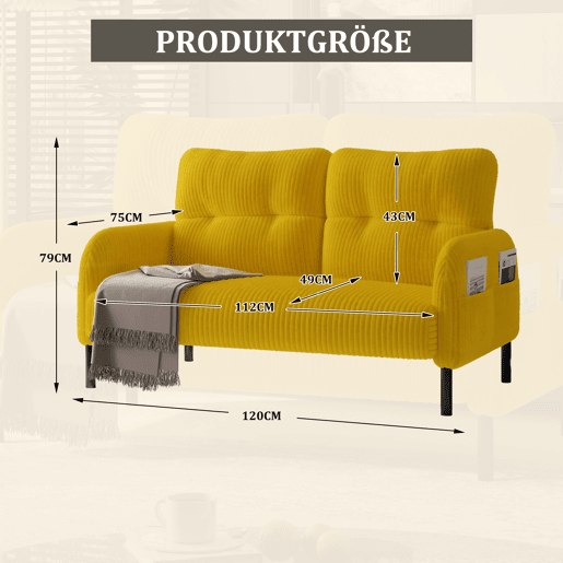 Sofá de 2 lugares - com estofamento confortável, encosto alto e bolsos laterais - Amarelo Sofá de 2 lugares - com estofamento confortável, encosto alto e bolsos laterais - Amarelo