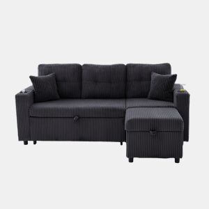 Sofá multifuncional de 3 lugares - Com arrumação, cama extensível, USB-C, iluminação ambiente, porta-copos, braços largos - Cinza escuro